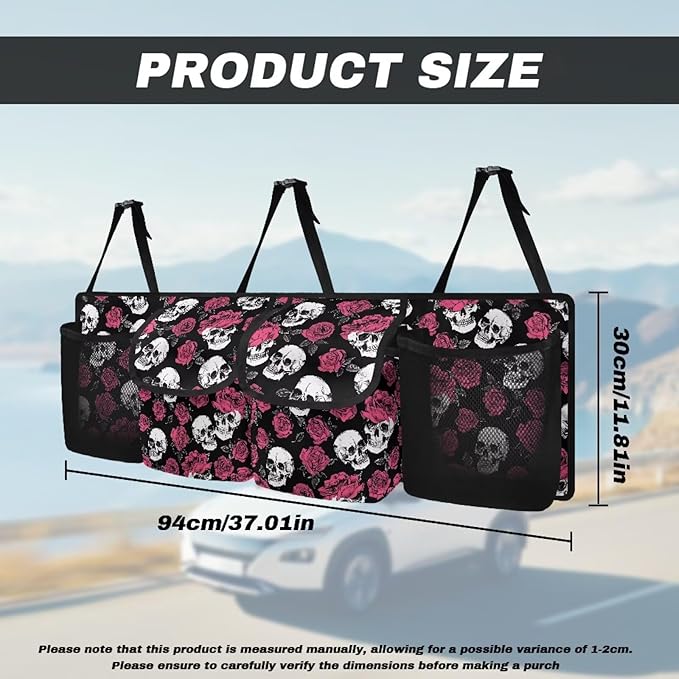 Skull Roses Car Trunk Organizer Bag Hanging Car Back Seat Storage Bag with 4 Pockets Auto Interior Accessories for SUV MPV Sedans Pickup Jeep Trucks