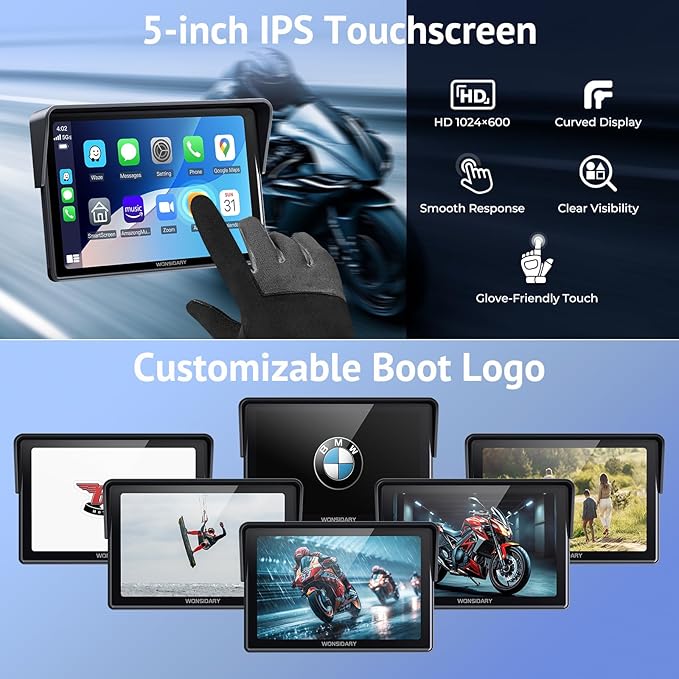 5" Motorcycle CarPlay Wireless for Apple CarPlay & Android Auto,W522 Car Play Motorbike Waterproof Touch Screen with Dual Bluetooth,GPS Navigation,Siri/G-Assist,EQ,USB/Hardwired Power Supply