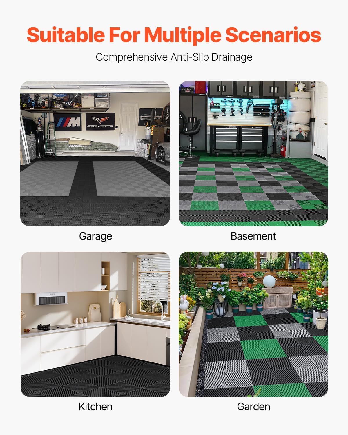 VEVOR Interlocking Drainage Mat, 15.7” x 15.7” Modular Interlocking Cushion, 24 Pcs Splicing Drainage Mats, Non-Slip Black PP Drainage Floor Tile and Shower Mat, for Garage, Garden, Kitchen & Outdoor