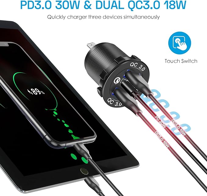 12V USB Charger Panel with PD 30W Ports& Dual QC3.0 18W: 4 in 1 Aluminum Waterproof RV USB Outlet, 150W Cigarette Lighter Socket, LED Voltmeter, Rocker Switch for Boat, Camper, Truck, Accessories