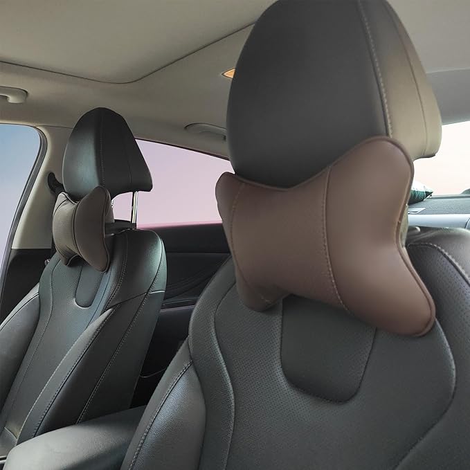 2 Pack Car Neck Pillow PU Leather Automotive Headrest Pillow for Car Support Neck Pain Relief Universal Car Pillow (Brown)