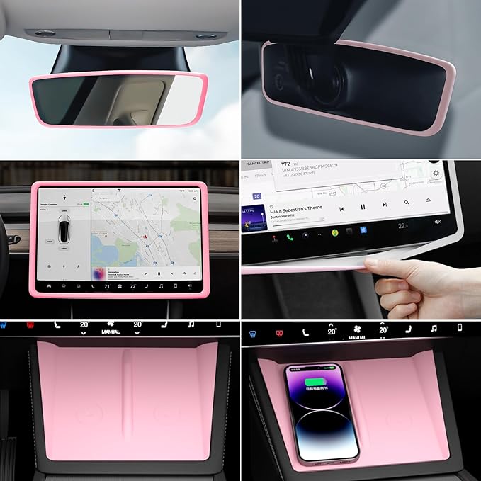 Farmogo Protector Trim Frame for 15.4'' Tesla Model Y & Model 3 Highland 2024-2026 Accessories with Wireless Silicone Charging Mat Screen Edge & Rearview Mirror Protector Frame (3 PCS Pink)