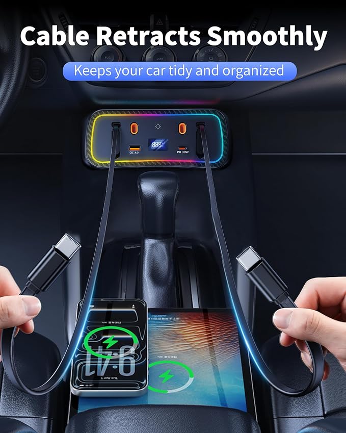Car Charger Usb Hub with RGB Light for 2026 2025 2024 2023 2022 2021 2020 Toyota Corolla Accessories, 4-Port Docking Station with Retractable Cable, Phone Fast Charging Hub with Voltage Display