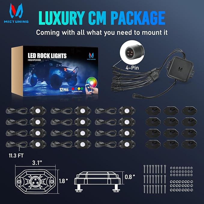 MICTUNING 2nd-Gen CM RGB Rock Lights - 12 Pods Waterproof Multicolor Neon Underglow Kit with Bluetooth App Control & Music Mode for Trucks Pickup UTV SUV ATV (2 Year Warranty)