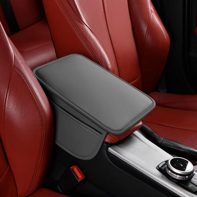 Thin Car Center Console Cover, PU Leather Armrest Cushion with 2 Side Storage Pockets, Universal Car Interior Accessories for Most Vehicles/SUV/Sedan (Thin-Pure Color, Grey)