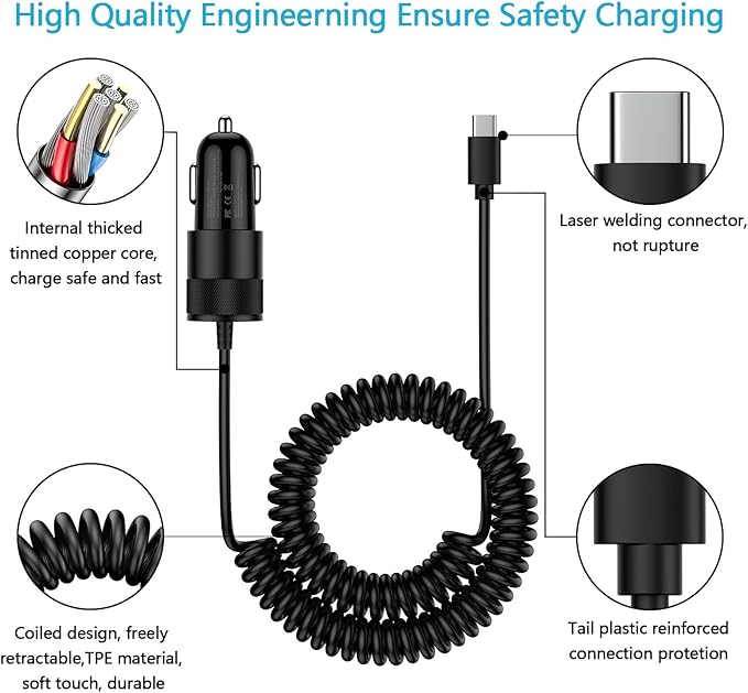 for iPhone 16e 17e 17 Pro Max Air, Fast Car Charger Adapter for iPhone 16e, 16, 16 Pro Max, 16 Plus, 15 Series, USB C Vehicle Phone Auto Automobile Plug with 2.8FT Coiled Cable Cord Fast Charging