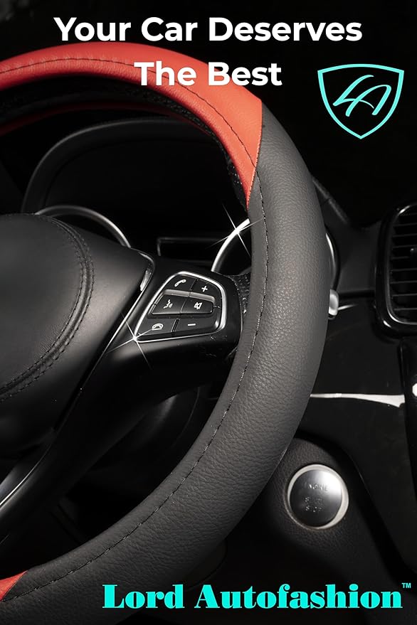 Lord Autofashion Steering Wheel Cover – PU Leather, Non-Slip Rubber Inner, All-Season Comfort – 14.5–15 Inch (Black/Red 7414)