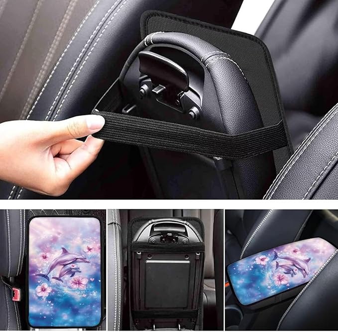 Suobstales Dolphin Hibiscus Print Car Armrest Pad Soft Center Console Arm Rest Protector Cover Universal Car Interior Accessories Decoration