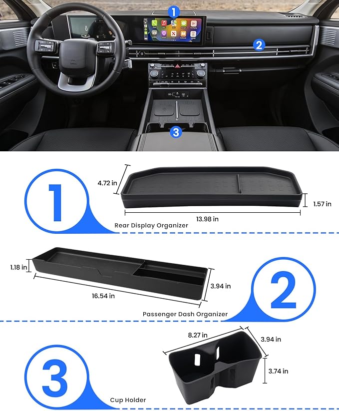 Autorder 3PCS Center Console Organizer for 2024 2025 2026 Hyundai Santa Fe Accessories,Dashboard Storage Box/Cup Holder Insert/Passenger Storage Organizer Tray - TPE Material