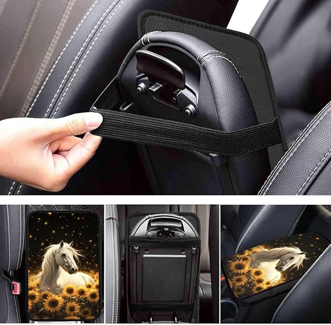 Neoprene Car Center Console Pad Horse Sunflower Print Armrest Cushion Cover Dust-Proof Armrest Seat Box Cover for Most Vehicles Decorative Car Accessories for Women Men