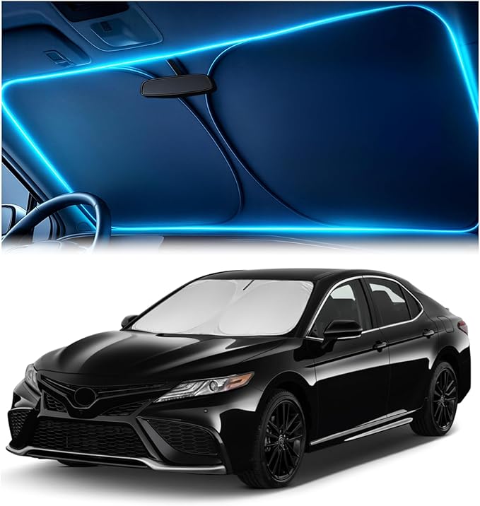 Windshield Sun Shade for Toyota Camry 2018-2024 LE/XLE/SE/XSE/Hybrid – Custom Fit Sun Shield with Mirror Cut‑Out, Blocks Heat & UV, Foldable with Storage Pouch - Toyota Camry Windshield Sunshade
