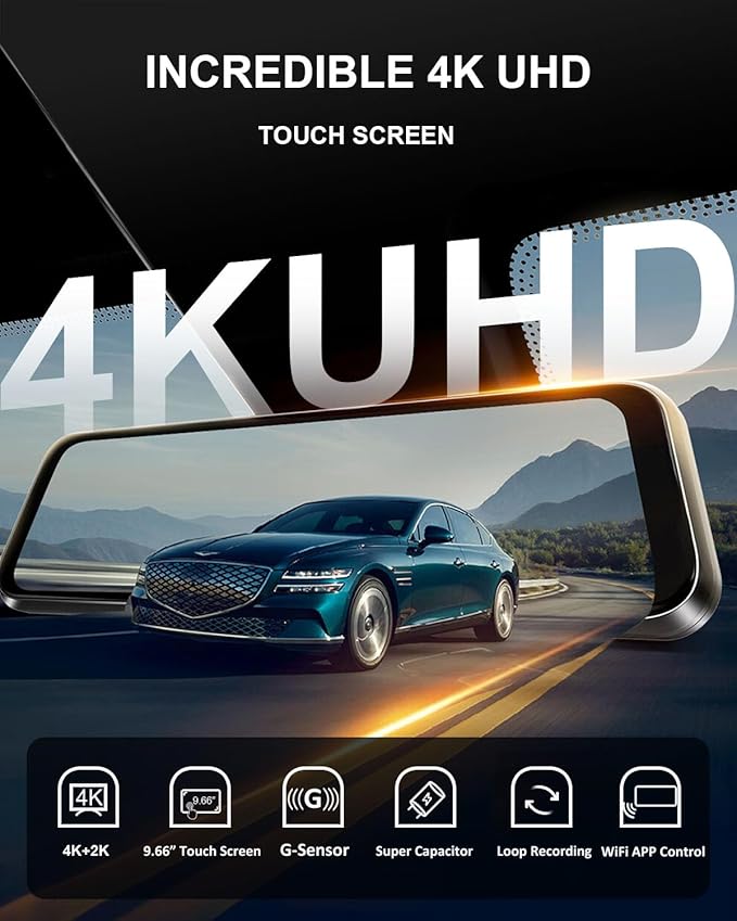 YKT 4K Mirror Dash Cam, Rear View Mirror Camera for Car with 2K Camera and 64GB Card, 10' Touch Screen Front and Rear Dashcam WiFi GPS, Night Vision, G-Sensor, Reverse Assist, 24H Parking Mode