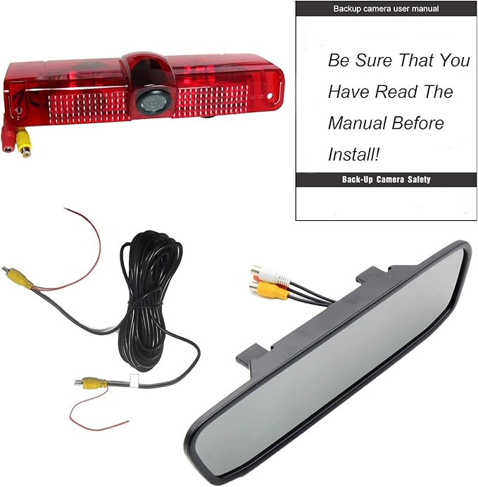 RED WOLF 3rd Third Brake Light Backup Camera w/4" Rear View Mirror Monitor Kit for Chevrolet Chevy Express/GMC Savana 2500 3500 2003-2019 3rd Brake Light Position Mounted