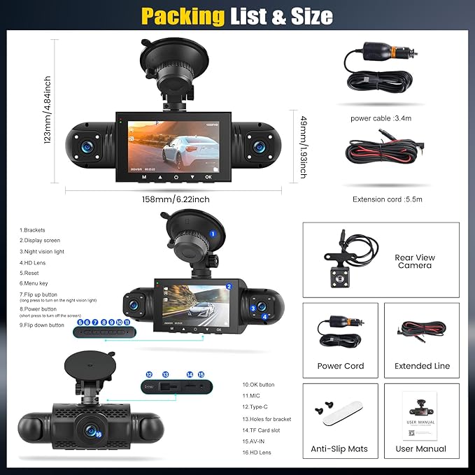 4 Channel 360° Dash Cam Front and Rear Inside Left Right,3 Inch 1080P Dash Camera for Cars Car Camera with IR Night Vision,Loop Recording,G-Sensor,Parking Assistance,24H Parking Monitor