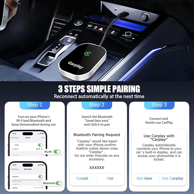 Wireless Carplay Adapter, 2025 Upgrade Converts Wired to Wireless Adapter for iPhone, Auto Connect Dongle for Apple Car Play, Bluetooth No Delay Control for Cars from 2016 and iOS 10+, Silver