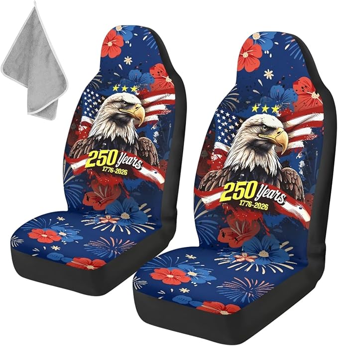 ELEQIN America 250th Anniversary Car Seat Covers Universal High Back Fashion Cushion Protector for Car Truck Suvs,Sedans,Vehicles,Airbag Compatible Front Car Seat Covers 2 Pack