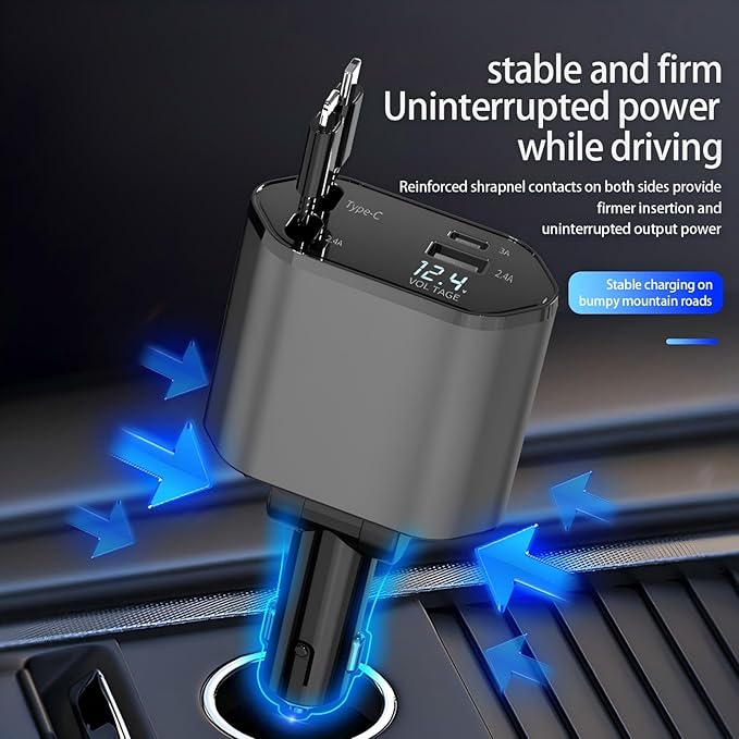 YAOKEEP 120W Fast Charging Retractable Car Charger 4 in 1, 180°Rotation Car Phone Charger with 31.5" Cables, USB Type-C and Lightning, Car Charger Adapter for iPhone 17/16/15/14 /13/12,Android,Samsung