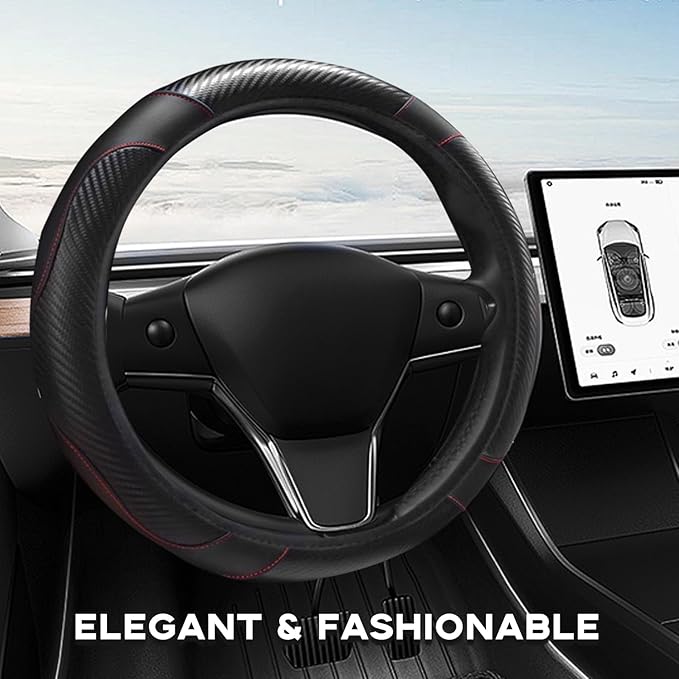 15" Car Steering Wheel Cover, Carbon Fiber Leather Stitching Elastic Steering Wheel Protector, Anti-Slip/Breathable/Durable/Soft, Interior Accessories for Most Cars (Carbon Fiber Black+Black)
