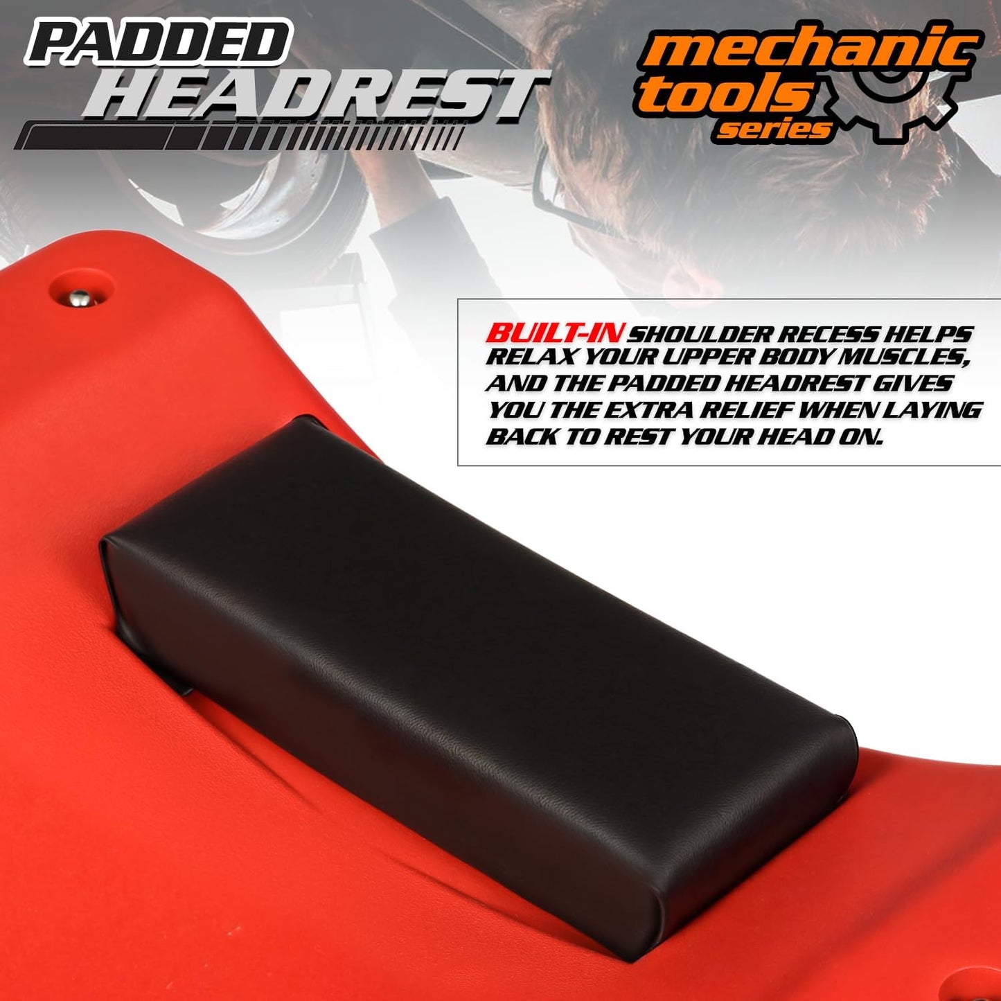 M-AUTO Mechanic Roller Creeper with Padded Headrest, 40" Dual Tool Trays Rolling Creeper for Garage Shop Auto Work Repair, Noiseless Swivel Casters, Red