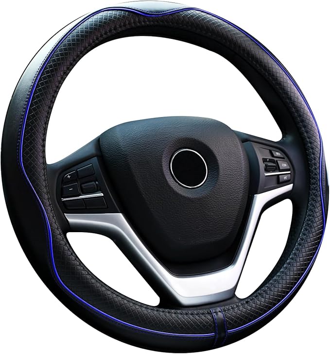 Valleycomfy Steering Wheel Covers Universal 15 inch - Genuine Leather, Breathable, Anti Slip & Odor Free (Black with Blue Lines, M(14" 1/2-15" 1/4))