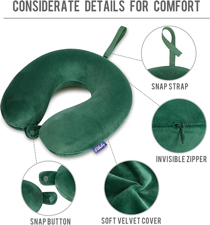 Neck Pillow for Travel Memory Foam - Travel Pillows for Sleeping Airplane with Attachable Snap Strap Soft Washable Cover, Flight Pillow for Traveling, Car, Provide Head Neck Support Dark Green