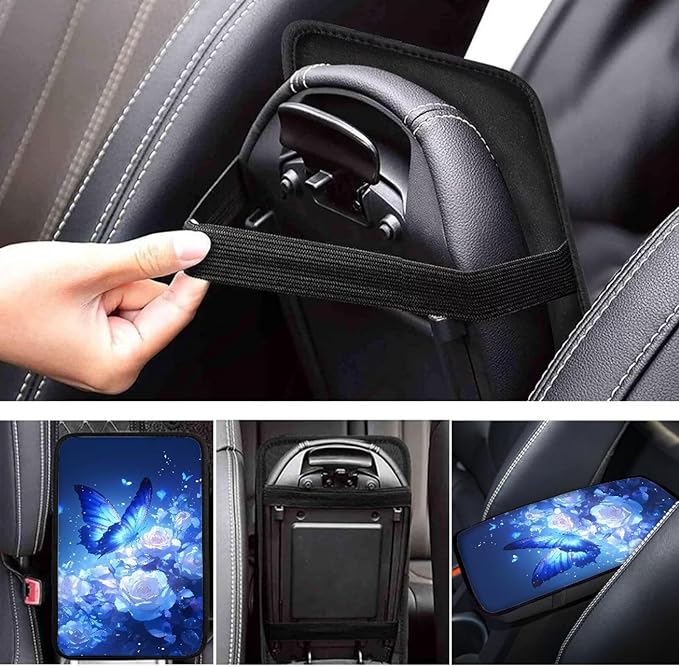 Blue Flower Butterfly Universal Center Console Armrest Soft Pad Protector Cover Non Slip Fits for Most Vehicle,SUV,Truck Car Christmas Decoration