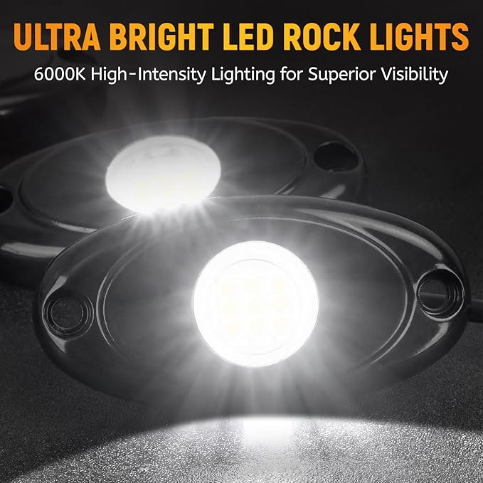 YONEDA 24 Pods White Rock Lights 6000K 9LED Ultra Bright LED Underglow Lights IP68 Waterproof for Trucks SUV UTV ATV RZR Car Boats Pickup Motorcycle with 39.37ft Extension Wire