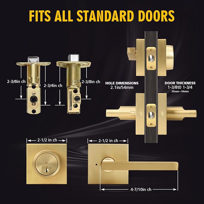 Gold Heavy Duty Privacy Lever Door Handle and Single Cylinder Deadbolt Lock,Exterior Door Lock Set with Deadbolt(3Pack-Set,Satin Brass)