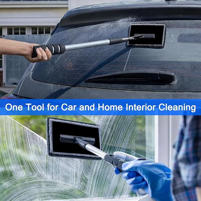 7Pcs Car Windshield Cleaner Tool Kit with Extendable Handle & 4 Upgraded High-Density Reusable Microfiber Pads, Velcro Microfiber Pads for Fast Stick & Peel for Cars, SUVs, Trucks & Home Windows