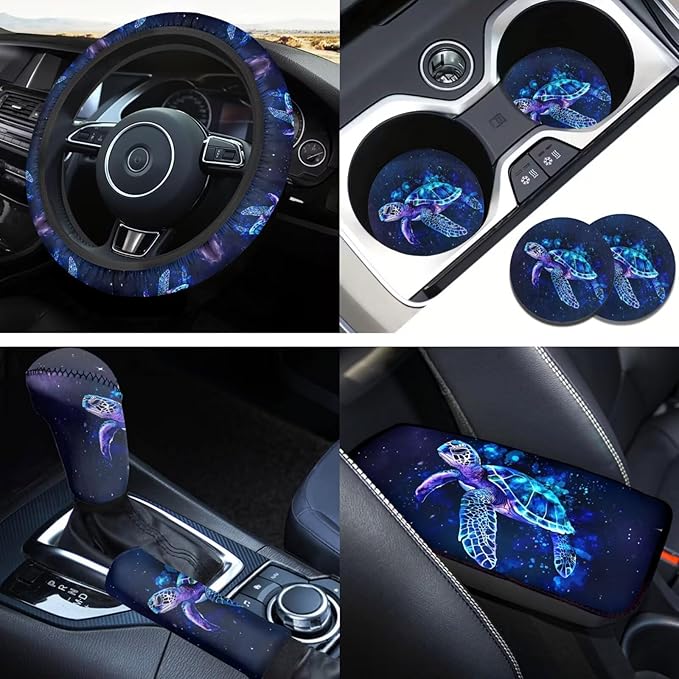 Blue Sea Turtle Car Steering Wheel Cover Sets 6 Pcs Car Accessories Cup Coaster Handbrake Cover Suit Universal Fit Auto,Suvs,Truck