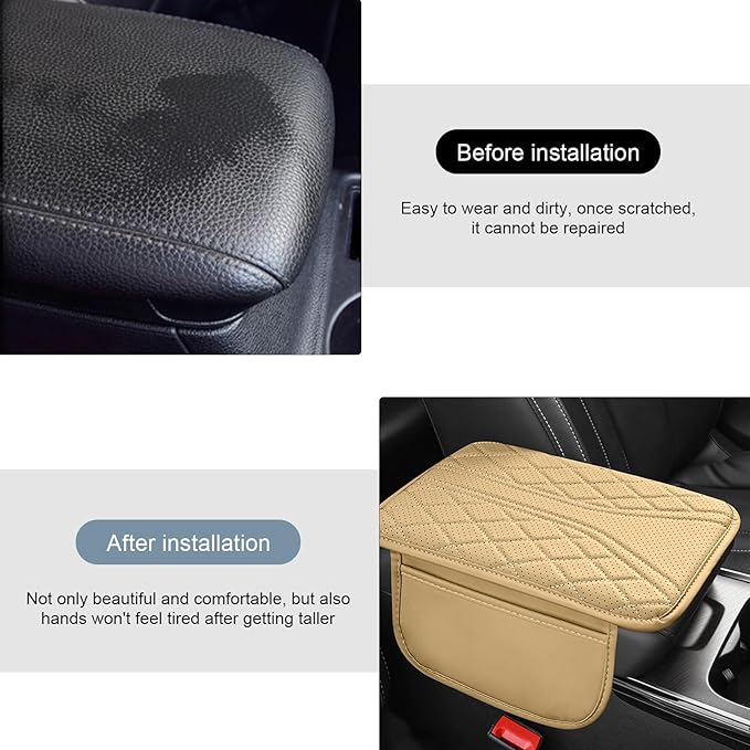 Car Center Console Cover, Leather Auto Armrest Cover with 2 Storage Bags, Universal Cars Armrest Cushion, Vehicle Interior Accessories Protector for Sedan, SUV, Truck((Beige)