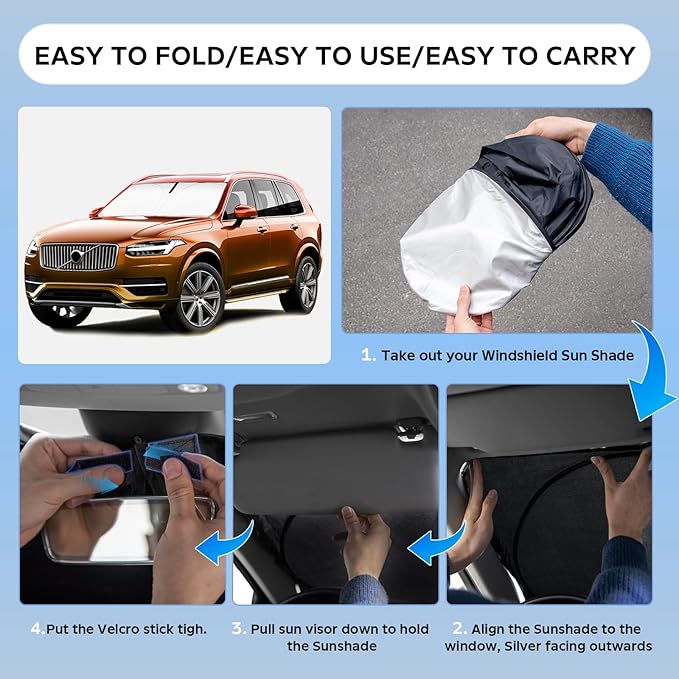 Sun Shade Sunshade for Volvo XC90 2016-2024 2025 2026 Windshield Cover, 4-Layers Sun Shield 250T Silver Sun Visor Foldable Front Window Shade Blocks UV Rays Car Accessories