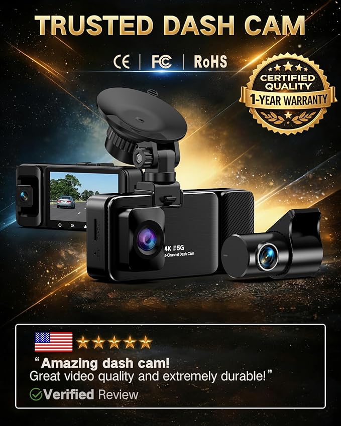 4K Dash Cam Front and Rear Inside, 3-Channel Cars Camera Dash with 170° Wide Angle, Free 64GB SD Card, 5.8GHz WiFi, Night Vision, G-Sensor, Loop Recording, Parking Monitor, USB C, Max 256GB