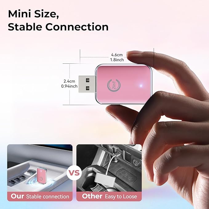 Wireless Carplay Adapter for iPhone, Convert Wired Car Play to Wireless, 2 in 1 Plug and Play Mini CarPlay and Android Auto Adapter for iOS 10 Android 11 and Above, Cars with Built-in Carplay (Pink)