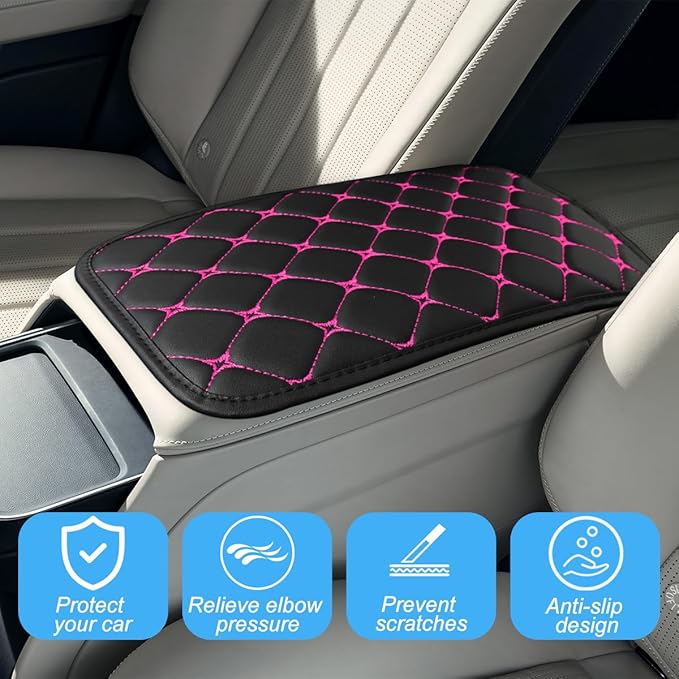 Car Center Console Cushion Pad, PU Leather Vehicle Armrest Cover Protector, Anti-Scratch Automotive Interior Arm Rest Seat Box Mat Accessories, Universal for SUV Sedan Truck (Black/Rose Red)