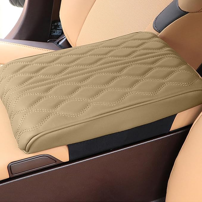 Car Center Console Cover, Leather Waterproof Vehicle Armrest Box Pad, Memory Cotton Comfortable Automotive Interior Seat Box Cushion Protector Accessories, Universal for Most Cars (Beige)