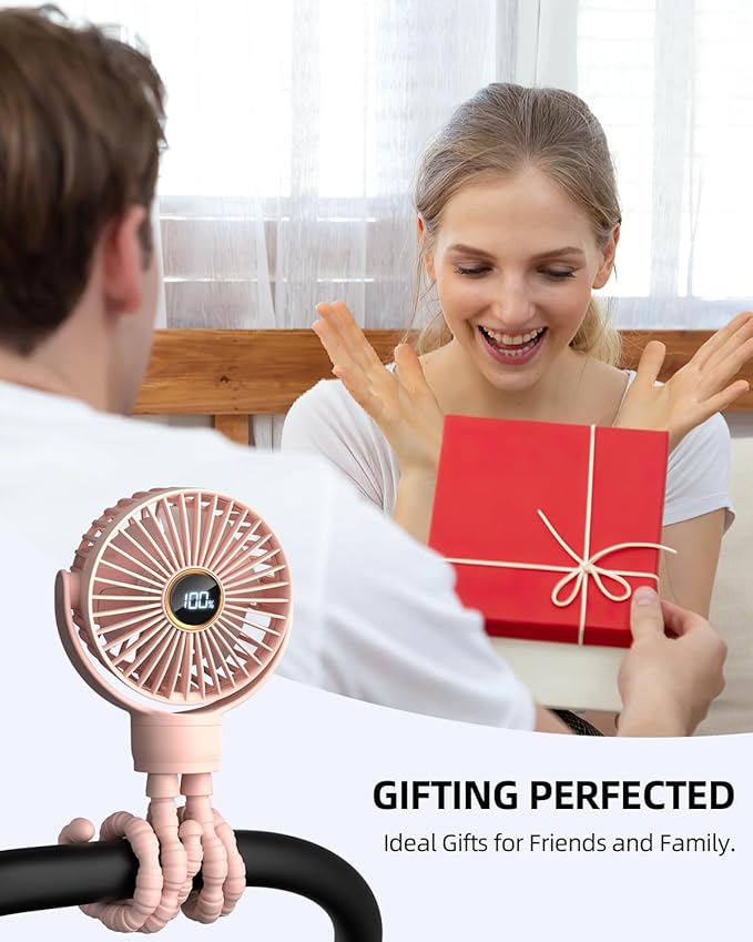 Portable Stroller Mini Fan, Small Rechargeable Personal Fan, Travel Essentials for Baby, Wagon, Car Seat, Treadmill, Battery Powered Biking Gear Accessories, 360° Rotation, 3-Speed, Display, Pink