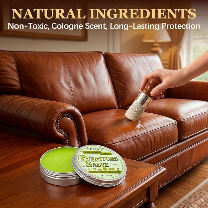Furniture & Leather Repair Salve with Brush, Wood, Vinyl, Leather, Polisher, Cleaner and Conditioner for Furniture, Saddle, Moisturizer, Restorer for Car Seat, Couch, Shoe, Purse, Boot - 8oz