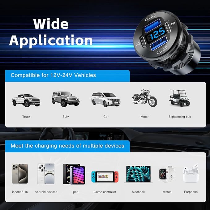 12V USB Outlet, 4 Port Aluminum Charger Socket 2 C PD & 2 QC3.0 with Voltmeter, 12V/24V Car USB Charger Socket for Car Boat Marine Bus Truck Golf RV Motorcycle and More 2-Pack