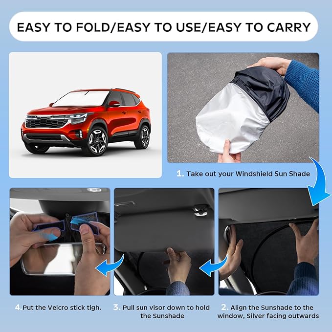 Sun Shade Sunshade for Kia Seltos 2021-2024 2025 2026 Windshield Cover, 4-Layers Sun Shield 250T Silver Sun Visor Foldable Front Window Shade Blocks UV Rays Car Accessories