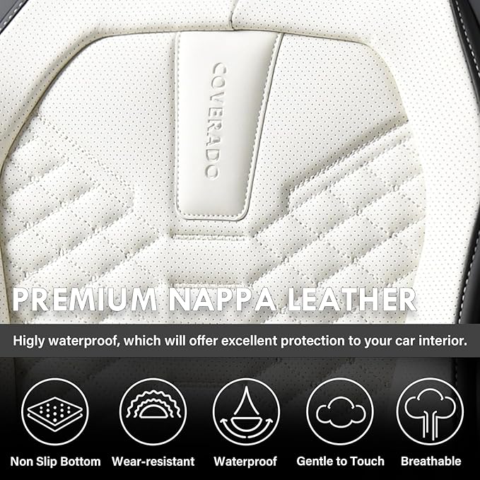Coverado Leather Seat Covers, Car Seat Covers Full Set, Waterproof Nappa Leather Car Seat Cover, Car Seat Protectors 5 Seats, Black & White Automotive Seat Covers Fit for Most Cars Trucks