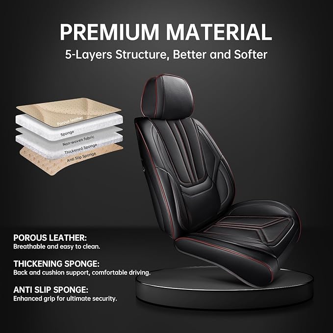 Car Seat Covers, Premium Leather Car Seat Covers, Waterproof and Breathable Seat Covers, Universal Car Seat Protector Fit for Cars, Trucks, SUVs, Pick-ups (Black&Red line, FullSet)