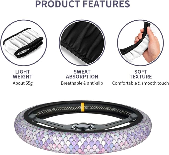Mermaid Scales Steering Wheel Cover - Fish Scale Steering Wheel Cover Anti-Slip Breathable Universal for 15 Inch Car with 2 Pieces Car Coasters Suitable for Men Women