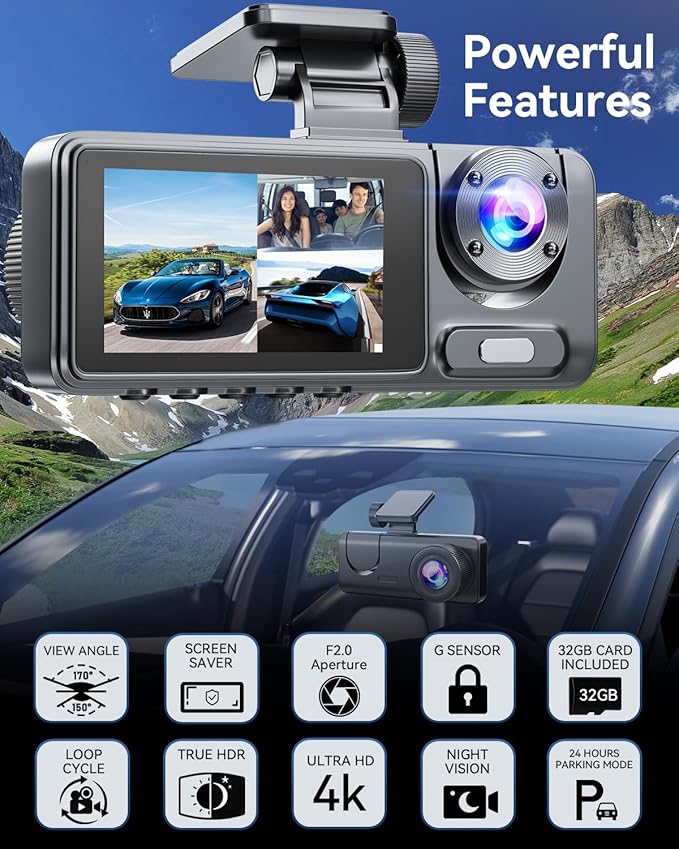 Dash Cam Front Rear with 3 Channel, 4K Full UHD Car Camera, 5GHz WiFi & App Control, Free 32GB Card Included, Dash Camera for Cars with IR Night Vision, 24 Parking Mode, Loop Recording, G-Sensor