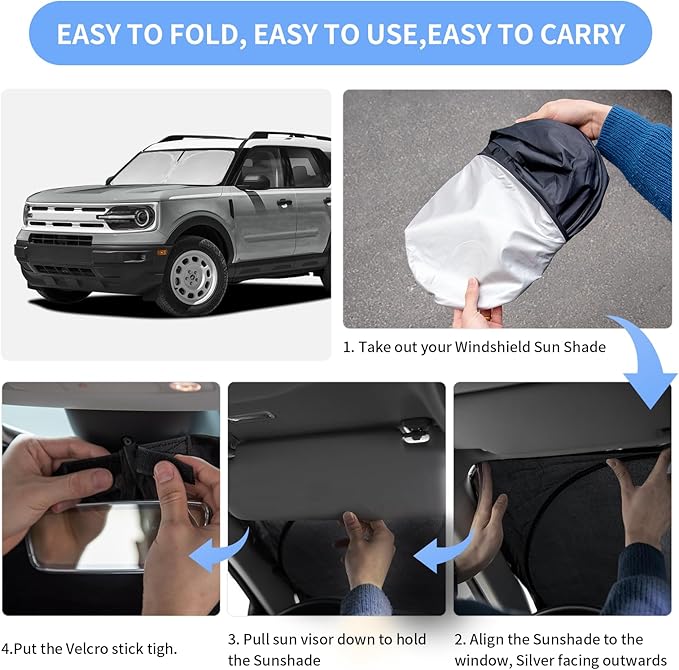 for Ford Bronco Sport 2021-2025 2026 Sunshade Sun Shade Windshield Cover - 4 Layers Front Window Shade for Bronco Sport -250T Retractable Custom Fit Sun Visor Blocks UV Rays Car Accessories