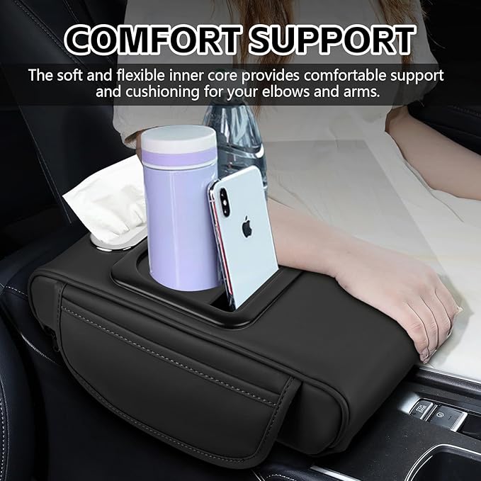 wuyaoyao Car Center Console Cover, 13.39"×8.27"×3.15" Leather Car Armrest Cover with Pocket & Tissue Box & Cup Holder, Multifunctional Auto Armrest Cushion Pad, Universal Car Accessories (Black)