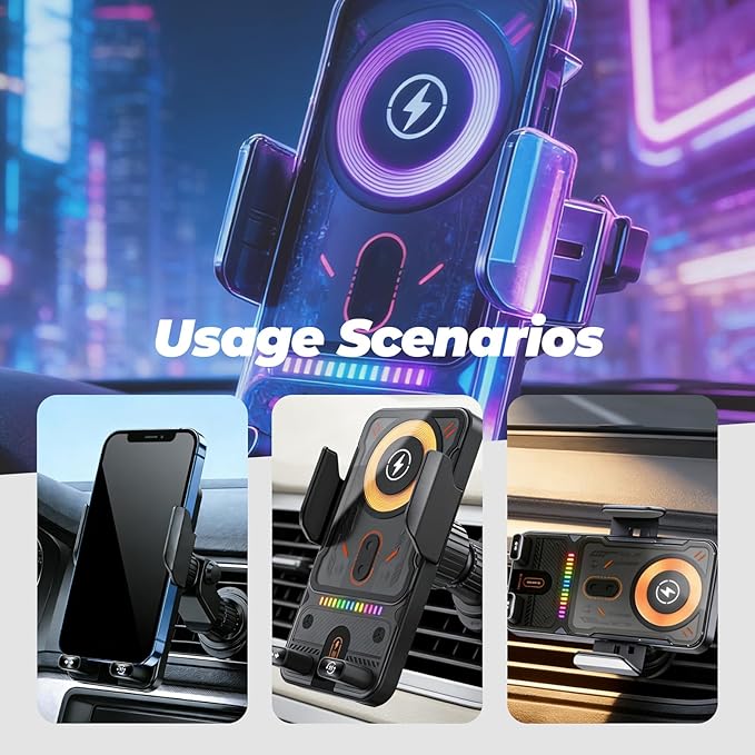 2026 New Cool Car Wireless Fast Charging Holder, Motorized 90° Rotating Phone Mount Charger with Auto-Clamping, 15W Wireless Car Charger for Smartphones, Smart Sensor Air Vent Accessories