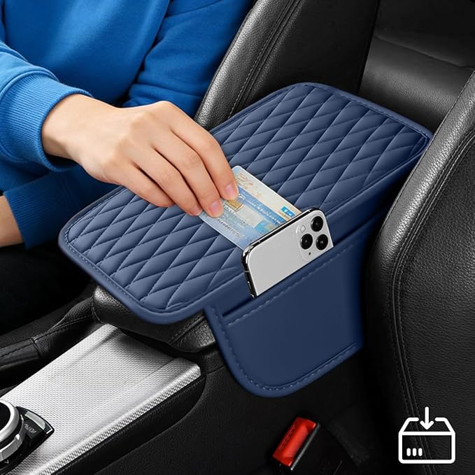 Car Armrest Cushion Pad, Leather Vehicle Center Console Cover with 2 Storage Bags, Non-Slip Automotive Interior Arm Rest Seat Box Cover Accessories, Universal for SUV RV Sedan (Dark Blue)