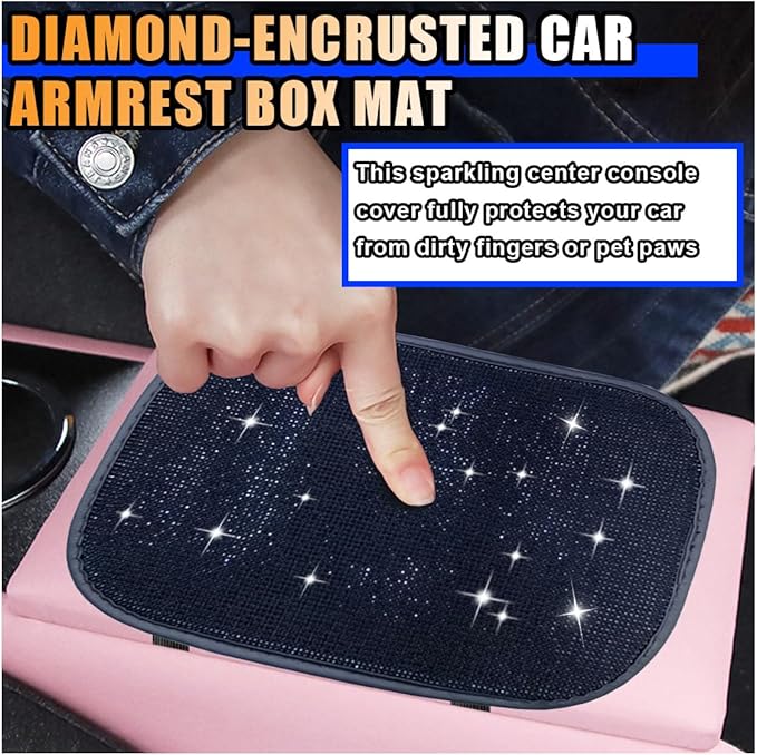 11.9''×8.4'' Bling Car Center Console Cover, Crystal Diamond Elbow Pillow Car Armrest Seat Box Cover, Soft Arm Rest Protective Cushion Pad for Women Girls, Auto Interior Decor for Car SUV (Black)