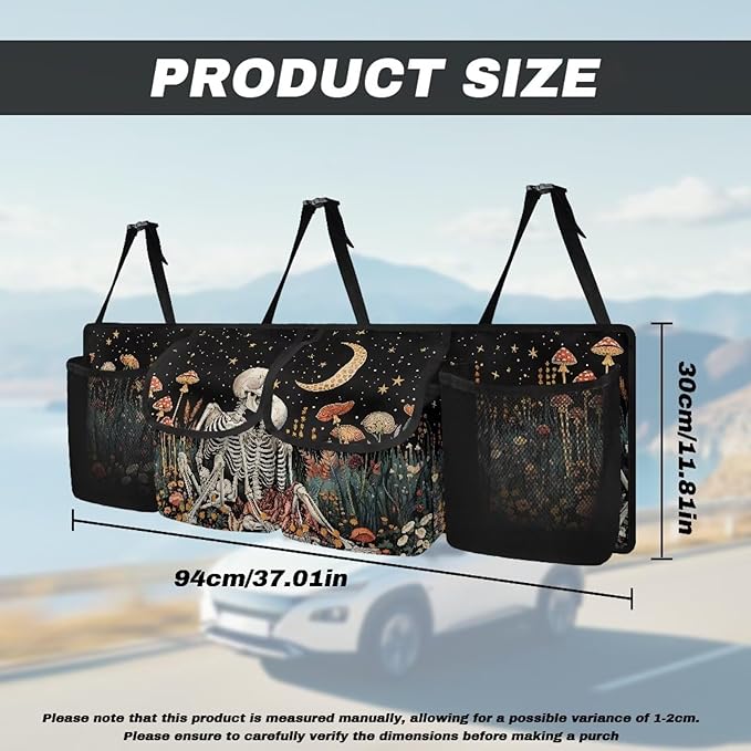 Skull Mushroom Car Trunk Organizer with 4 Pockets, Hanging Car Backseat Storage Bag with 3 Adjustable Straps, Car Interior Accessories for SUV, Truck, MPV, Van